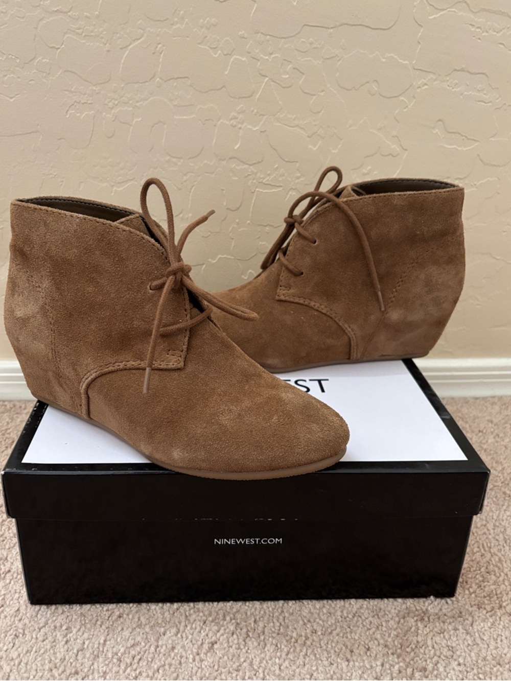 Nine West Tan Suede Lace-Up Wedge Ankle Boots